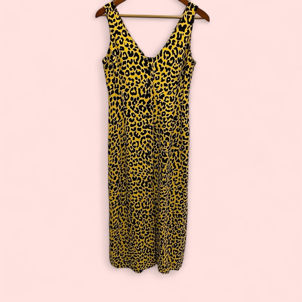 Bright vintage 90’s yellow black leopard silk button front maxi dress taxi beep🚕